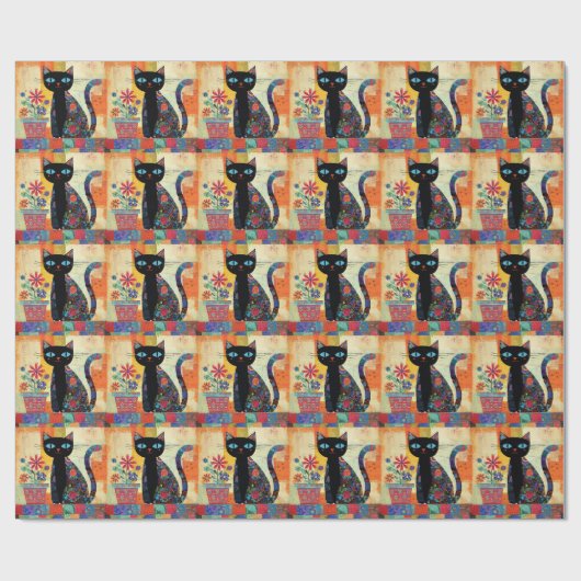 Papier Cadeau Art populaire de chat noir (Plat)
