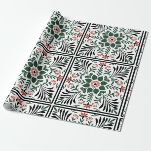 Papier Cadeau art populaire de noël vert et rouge