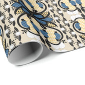 Papier Cadeau Art populaire fleuri bleu et jaune estonien (Coin rond)