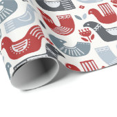 Papier Cadeau Art Populaire Nordique Oiseaux Et Fleurs Bleus Rou (Coin rond)