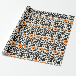 Papier Cadeau Art populaire rétro noir, blanc et jaune