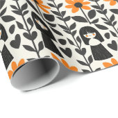 Papier Cadeau Art populaire rétro noir, blanc et jaune (Coin rond)