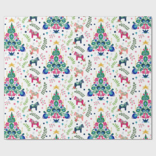 Papier Cadeau Art populaire scandinave Arbres de Noël & Cheval d