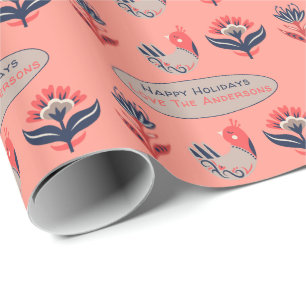 Papier Cadeau Art populaire scandinave Coral Bleu Oiseaux Fleurs