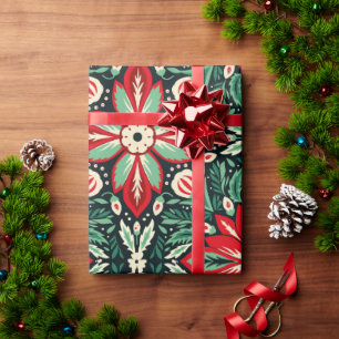Papier Cadeau Art populaire scandinave Noël rouge et vert