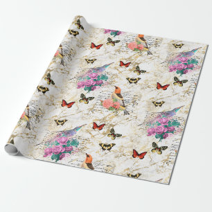 Papier Cadeau Art vintage d'oiseaux, fleurs, papillons Vieilles