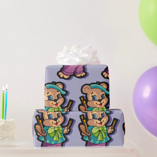 Papier Cadeau Artiste Ourson en Béret avec Pinceaux