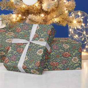 Papier Cadeau Arts and Crafts Bleu Nuit Floral Grenade