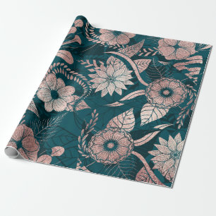 Papier Cadeau Artsy Moderne Rose Or Emerald Green Flowers