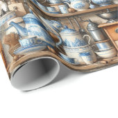 Papier Cadeau Assiettes Bleues et Blanches Antiques (Coin rond)