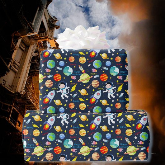 Papier Cadeau Astronaut Ajouter un nom Navire spatial Anniversai