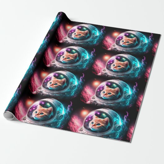 Papier Cadeau Astronaut de chat spatial drôle Kitty Galaxy Unive (Déroulé)