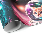 Papier Cadeau Astronaut de chat spatial drôle Kitty Galaxy Unive (Coin rond)