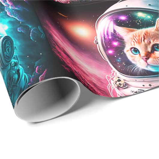 Papier Cadeau Astronaut de chat spatial drôle Kitty Galaxy Unive (Coin rond)