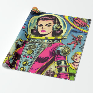 Papier Cadeau Astronaut Femme Vintage de BD Sci-Fi