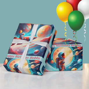 Papier Cadeau Astronaut Rocket Planets Garçons Anniversaire colo