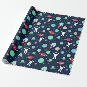 Papier Cadeau Astronautes Planètes Fusées et Aliens