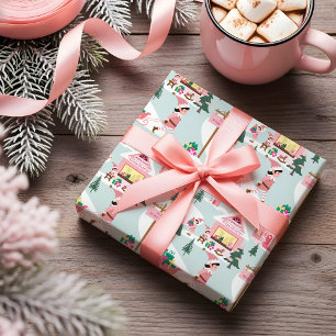 Papier Cadeau Atelier de lutins du Pôle Nord Village rose Santa