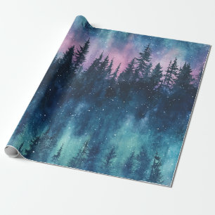 Papier Cadeau Aurore Boréale Nuit Ciel Forêt de Pins Lueur