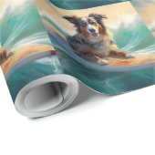Papier Cadeau Australian Shepherd Beach Surfing Peinture (Coin rond)