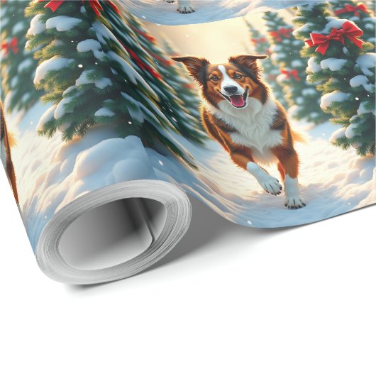 Papier Cadeau Australian Shepherd Christmas Tree Farm Painting (Coin rond)