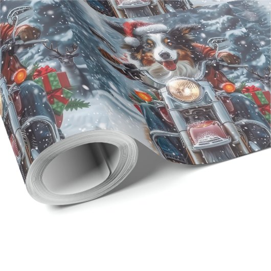 Papier Cadeau Australian Shepherd Riding Motorcycle Noël (Coin rond)