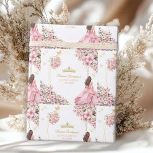 Papier Cadeau Autocollant Papillons Floraux Diadème Doré Rose Pâ