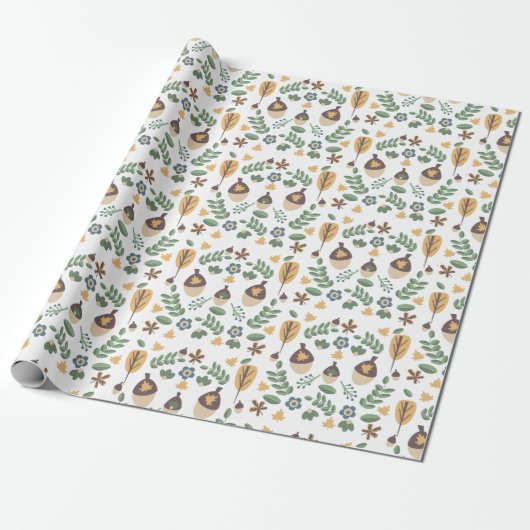 Papier Cadeau Automne Acorns Floral Greenery Papier d'enveloppem (Déroulé)