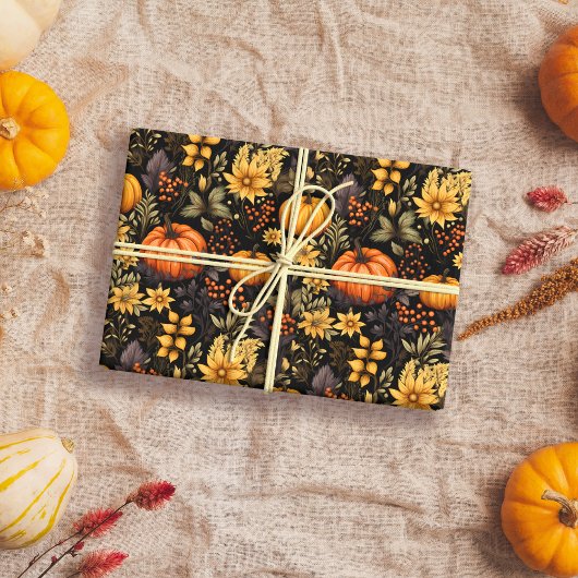 Papier Cadeau Automne avec tournesol, citrouille et boho Florals