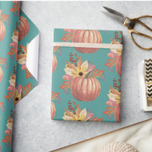 Papier Cadeau Automne citrouille floral terre cuite orange et sa