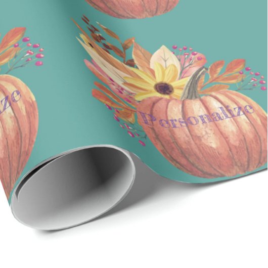 Papier Cadeau Automne citrouille terre cuite fleurie orange et t