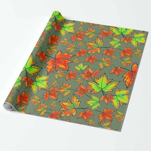 Papier Cadeau Automne rouge orange feuille érable feuille (Déroulé)