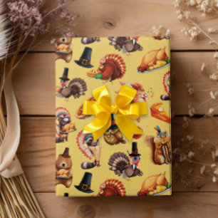 Papier Cadeau Automne Thanksgiving Turquie Animaux Pie