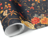 Papier Cadeau Autumn Black Orange Leaf Chinoiserie (Coin rond)