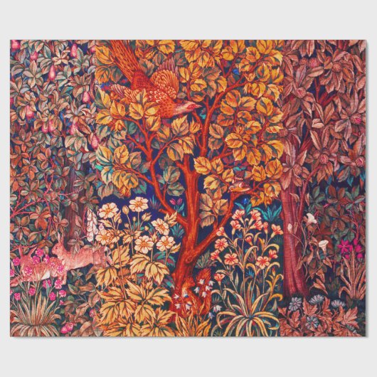 Papier Cadeau AUTUMN FOREST ANIMALS Haricots, faisan, Floral rou (Plat)