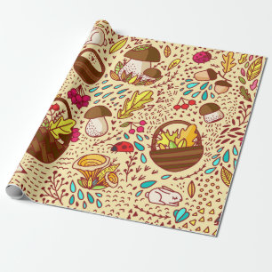 Papier Cadeau Autumn pattern. Basket with leaves, branches and b