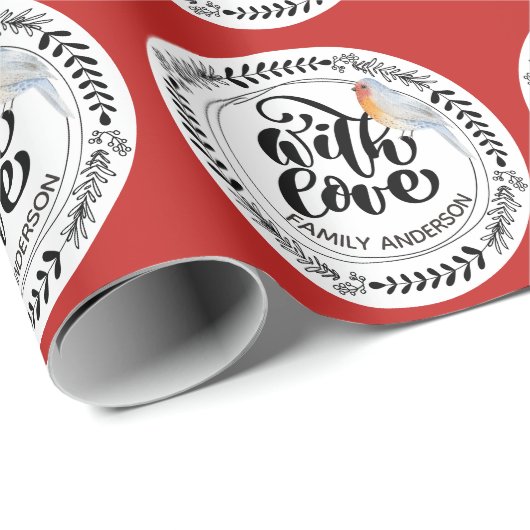 Papier Cadeau AVEC AMOUR Festive Robin d'hiver Personnalisé (Coin rond)