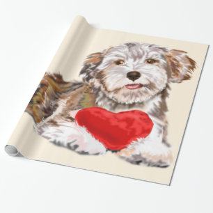 Papier cadeau avec chien mignon et coeur