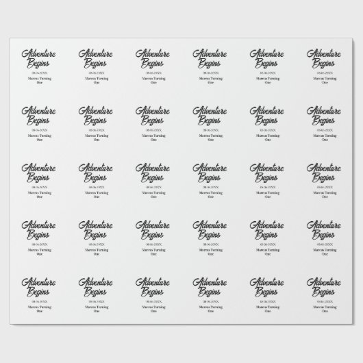 Papier Cadeau Aventure commence 1er anniversaire nom date simple (Plat)