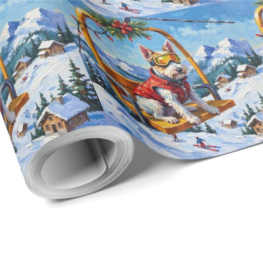 Papier Cadeau Aventure de télésiège de Noël de Wire Fox Terrier (Coin rond)