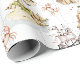 Papier Cadeau Aventure en mer Carte au trésor boussole