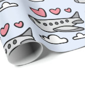 Papier Cadeau Avion mignon aux coeurs rouges et aux nuages blanc (Coin rond)