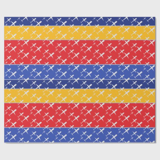 Papier Cadeau Avions volent en formation rouge bleu et jaune (Plat)