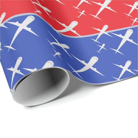 Papier Cadeau Avions volent en formation rouge bleu et jaune (Coin rond)