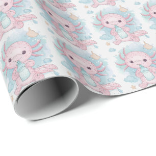 Papier Cadeau Axolotl Pink Baby Pastel Motif d'aquarelle