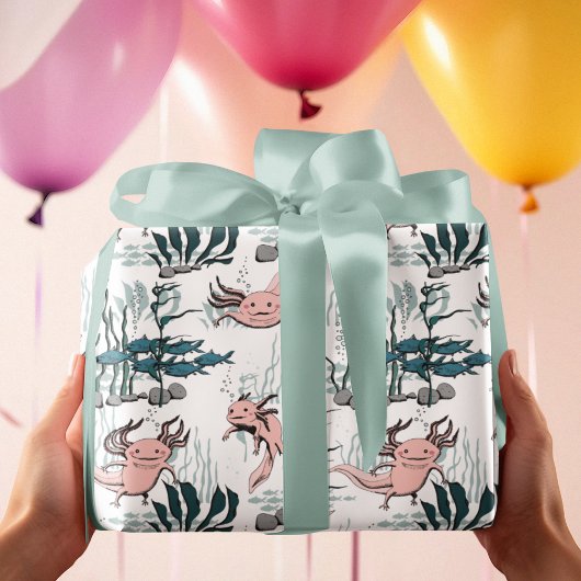 Papier Cadeau Axolotl sous-marin rose et jaune enfant animal