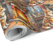 Papier Cadeau Azawakh Sitting by Fireplace with Christmas Lights (Coin rond)
