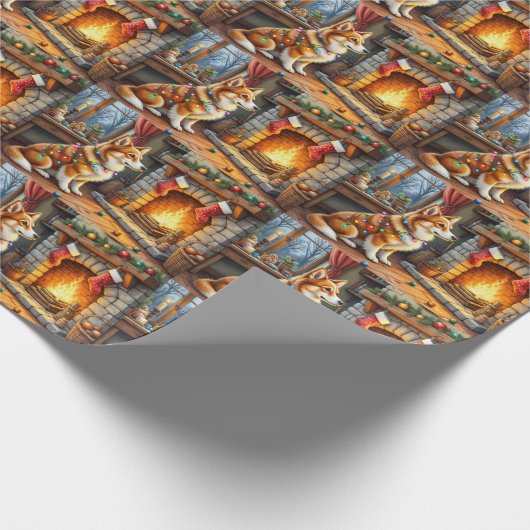 Papier Cadeau Azawakh Sitting by Fireplace with Christmas Lights (Coin)