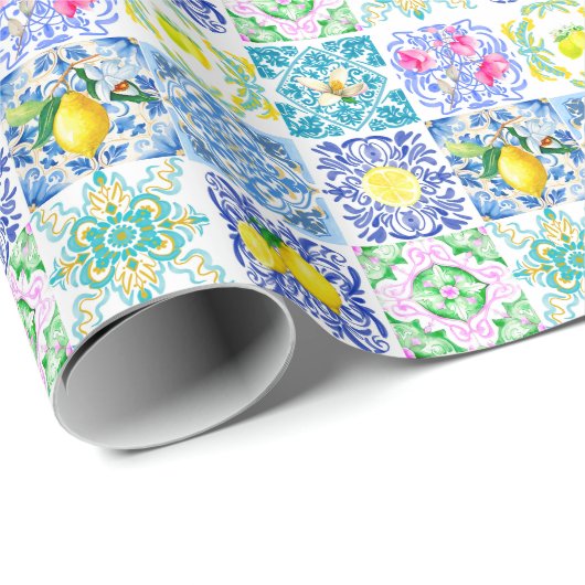 Papier Cadeau azulejo chic sicilien Amalfi Carreaux méditerranée (Coin rond)