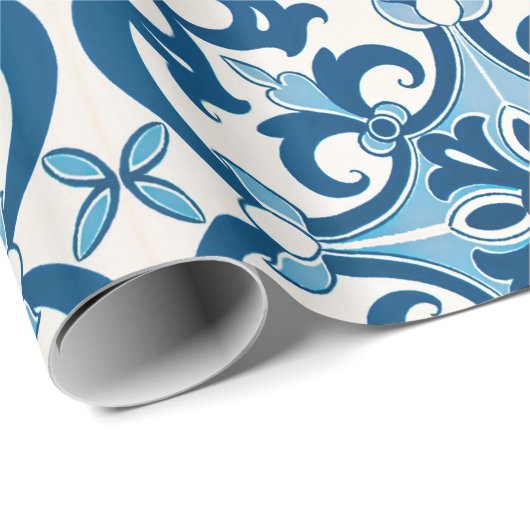 Papier Cadeau Azulejo Fleur de Lis Style Pattern (Coin rond)